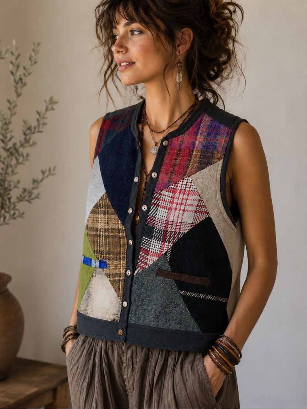 Vintage Sacred Threads 100% Wool Preppy Boho Colorful Plaid Patchwork Vest, M/L